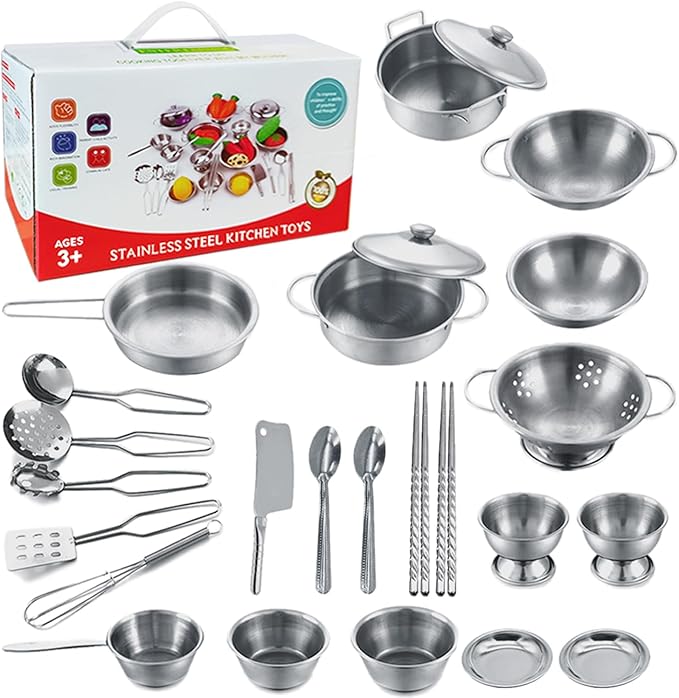 Tiny Classic Stainless Steel Kitchen Toys Cooking Utensils Set-Pretend Play Pots Pans Toy Cookware Kits for Kids Cooking Utensil Set Interactive Learning Role Play Educational Toys for Kids Mini Size