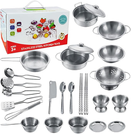 Tiny Classic Stainless Steel Kitchen Toys Cooking Utensils Set-Pretend Play Pots Pans Toy Cookware Kits for Kids Cooking Utensil Set Interactive Learning Role Play Educational Toys for Kids Mini Size