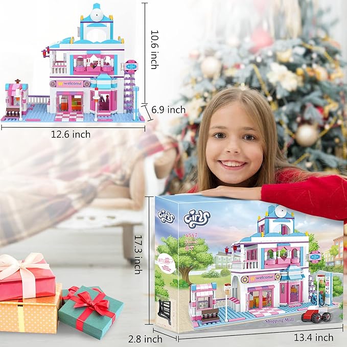BRICK STORY Dream Girls Friends Shopping Mall Building Set 808 Pieces, with Supermarket and Restaurant Building Playset, 4 Mini Toy Figures, Girls Friends House Building Toys for Kids Age 6-12 8-14