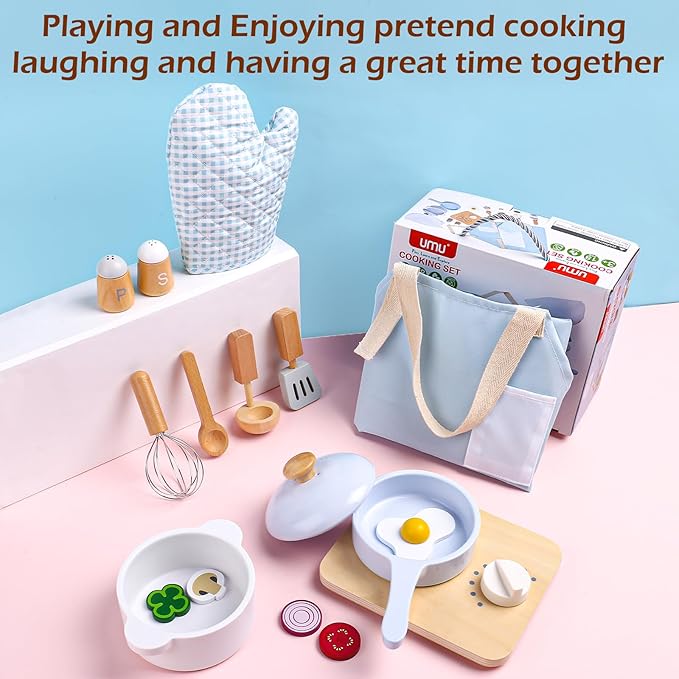 Wood Kids Play Kitchen Accessories Set, Pretend Play Cooking Toys Set, Kitchen Toys Playset for Toddlers, Toy Pots and Pans for Kids Kitchen with Fake Play Food Cookware, Girls Boys Gift