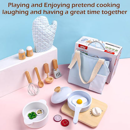 Wood Kids Play Kitchen Accessories Set, Pretend Play Cooking Toys Set, Kitchen Toys Playset for Toddlers, Toy Pots and Pans for Kids Kitchen with Fake Play Food Cookware, Girls Boys Gift