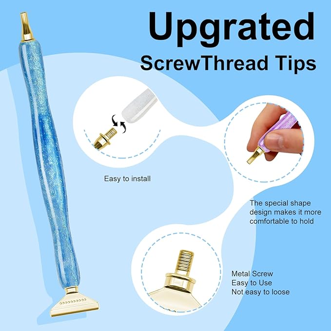 MuitoFeliz 24PCS DIY Diamond Art Pen Painting Tool Set - Metal Threaded Tip Accessories Gem Resin Dotting Pen Supplies Kit (Three Pen + 12 Tips + 9 Dotting Clay)