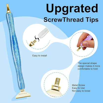 MuitoFeliz 24PCS DIY Diamond Art Pen Painting Tool Set - Metal Threaded Tip Accessories Gem Resin Dotting Pen Supplies Kit (Three Pen + 12 Tips + 9 Dotting Clay)