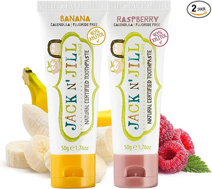 Jack N' Jill Natural Toddler Toothpaste for Baby, Kids and Infants 6 Months & Up, Fluoride Free Training Toothpaste for Toddlers 1-3 (1.76 Fl Oz (Pack of 2), Banana & Raspberry)