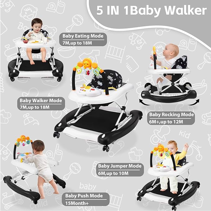 Baby Walker, 5 in 1 Baby Walkers for Boys Girls 6-12 Months, Foldable Walkers for Babies with Bouncer & Feeding Tray, Music, Adjustable Heights, Activity Walker for Infant