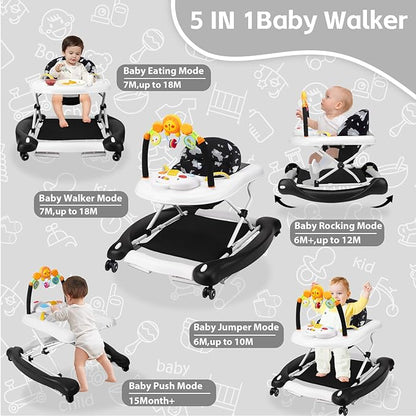 Baby Walker, 5 in 1 Baby Walkers for Boys Girls 6-12 Months, Foldable Walkers for Babies with Bouncer & Feeding Tray, Music, Adjustable Heights, Activity Walker for Infant
