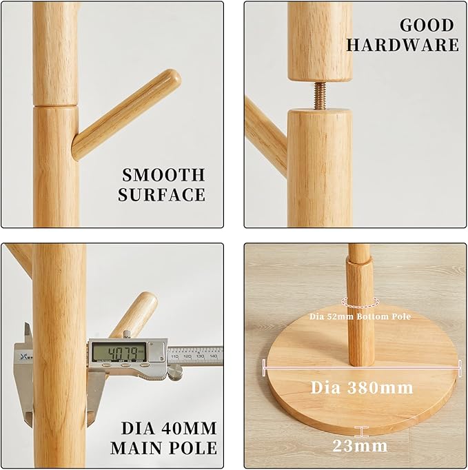 Wooden Coat Rack, Free Standing Coat Stand with 8 Hooks and 3 Height Options, Sturdy Kids Coat Tree Easy to Assemble, for Entryway Home Office Jackets Hat Purse Natural YD-1010