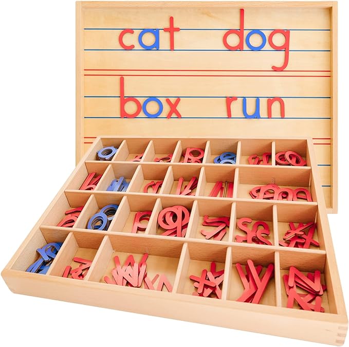 Movable Alphabet Montessori Wooden Letters- Moveable Alphabet with Box Letter Mats - Lower Case Letters - Writing, Reading, Spelling, and Language Learning Materials (Red and Blue)