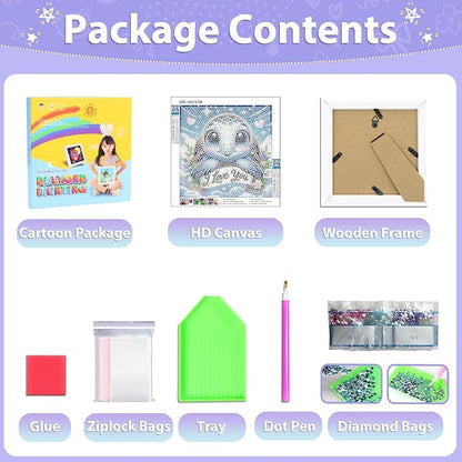 hkejoi Turtle Diamond Art Painting Kits for Kids with Frame, Cartoon Diamond Art for Kids Ages 4-6-8-12, Easy Kids Gem Art Kit with Cartoon Box for Home Wall Decor 7x7inch