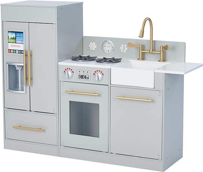 Teamson Kids Little Chef Charlotte Modern Modular Interactive Wooden Play Kitchen with Refrigerator, Stove and Sink in Gray with Gold Accents