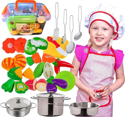 FUNERICA Toddler Kitchen Accessories Playset with Cutting Food Vegetables and Stainless-Steel Play Pots - Pretend Kids Cooking Utensils - Apron & Chef Hat - Toy Knife & Cutting Board for Girls & Boys