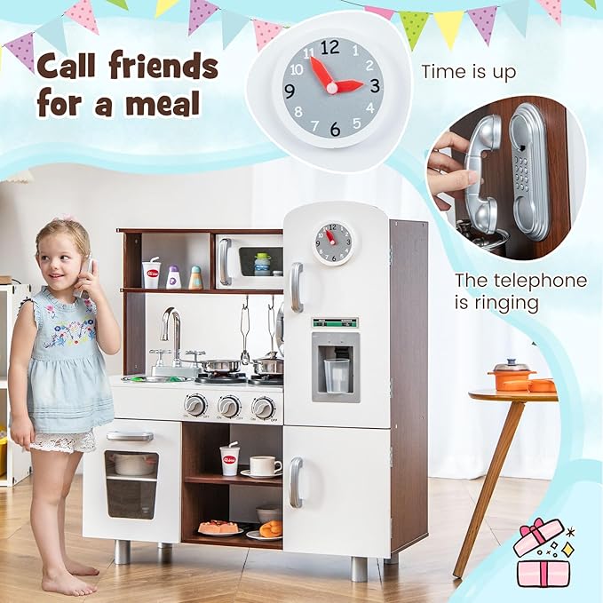KOTEK Play Kitchen Set for Kids, Wooden Toddler Kitchen Playset with Water Dispenser w/Lights Sounds, Stove, Oven, Fridge, Microwave & Sink, Gift Chef Pretend Play Toy for Girls Boys (Walnut+White)