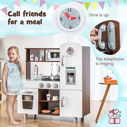 KOTEK Play Kitchen Set for Kids, Wooden Toddler Kitchen Playset with Water Dispenser w/Lights Sounds, Stove, Oven, Fridge, Microwave & Sink, Gift Chef Pretend Play Toy for Girls Boys (Walnut+White)