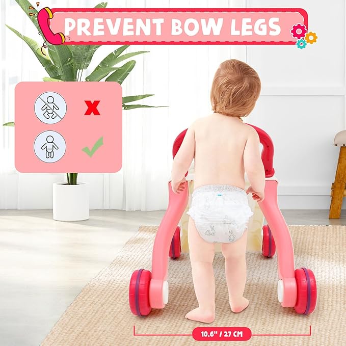 Sit-to-Stand Learning Walker 3 in1 Baby Walker Early Education Activity with Weight Gain Design Sounds Music Phone Multifunctional Removable Play Panel Educational Push Toy Gift for Boys Girls（Pink）