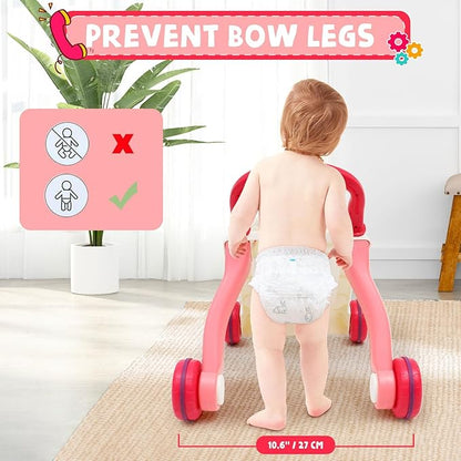 Sit-to-Stand Learning Walker 3 in1 Baby Walker Early Education Activity with Weight Gain Design Sounds Music Phone Multifunctional Removable Play Panel Educational Push Toy Gift for Boys Girls（Pink）