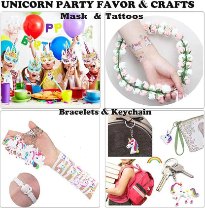 84PCS Unicorn Party Favors for Kids Girls, Unicorn Party Supplies Birthday Decorations w/Unicorn Mask, Headband, Bracelet, Keychain, Tattoos, Colorful