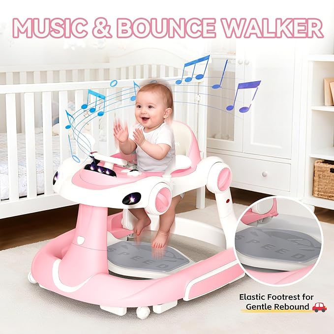 Baby Walker with Wheels, 7-in-1 Foldable Baby Walkers for Boys Girls 6-12 Months with Feeding Tray & Music, Lights,Rocker,Sun Canopy, Bouncing Pedal, Adjustable Wheel Speed, Push Walker (Pink)