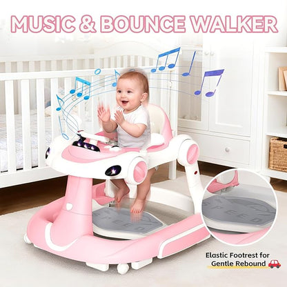 Baby Walker with Wheels, 7-in-1 Foldable Baby Walkers for Boys Girls 6-12 Months with Feeding Tray & Music, Lights,Rocker,Sun Canopy, Bouncing Pedal, Adjustable Wheel Speed, Push Walker (Pink)