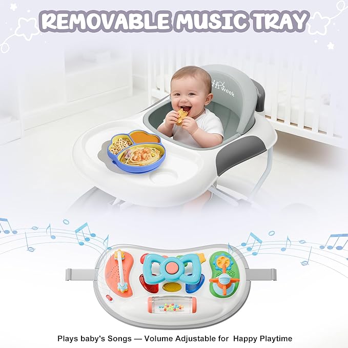 5-in-1 Foldable Baby Walker，Music and Lights Baby Walker with Wheels,Height Adjustable Infant Walker, with Activity Center, Rocker, Bouncer,Push Walker & Feeding Tray for Babies 6-18 Months (Gray)