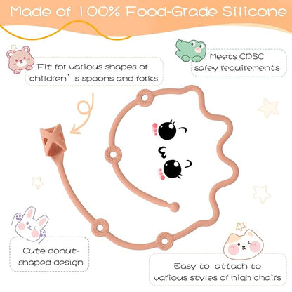 Baby Spoons Self Feeding 6 Month,SMAutoLife Toddler Utensils Holder Strap Food Grade Silicone Keep Fork and Spoon Off The Floor Great for Kids,Hook On High Chair(Apricot)