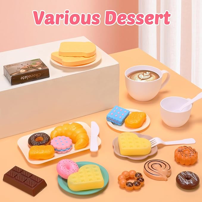 CUTE STONE Toy Coffee Set , Kids Coffee Maker Toy with Sound and Light, Realistic Steam, Play Kitchen Set with Play Food, Toddler Toy Kitchen Accessories for Girls Boys