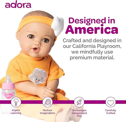 Adora Nurture Time Babies Collection, 13" Baby Doll and Clothes Set with 3 Touch Activated Features Includes Removable Cloud Patterned Outfit, Doll Bottle, Birthday Gift For Ages 1+ - Sweet Orange