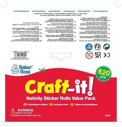 Baker Ross AX576 Nativity Sticker Rolls - Pack of 600, Kids Stickers, Ideal for Christmas Arts and Crafts Projects, Great for Card Making and Scrapbooking