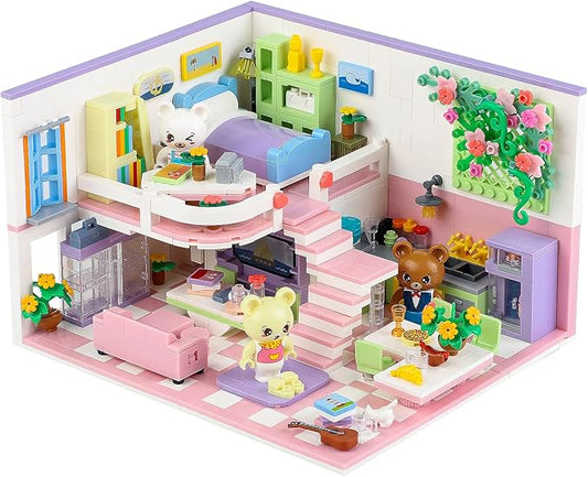 Mini Friends Duplex Apartment Building Sets for Adults, Bears Pink Dream House Kitchen Home Cottage Girly Collectible Display Modular Bricks Kits for Teens 14 14+ (1110 PCS)