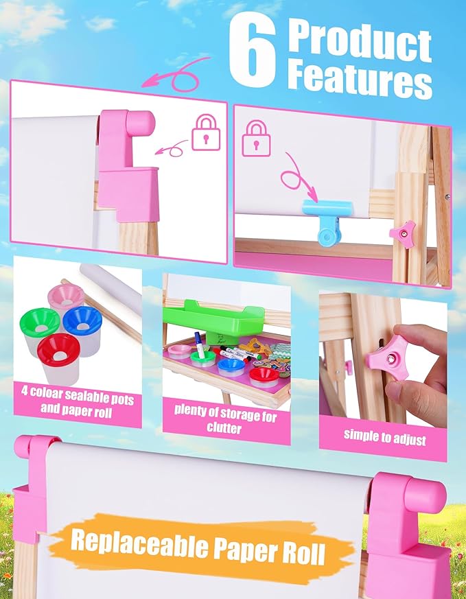 JOYOOSS Easel for Kids Art Easel Kids Easels for Toddlers,Wooden Kid Easel with Paper Roll - Chalkboard for Kids Adjustable Double Sided Kids Dry Erase Board, Outdoor Easel for Kids Art Easel Toddler