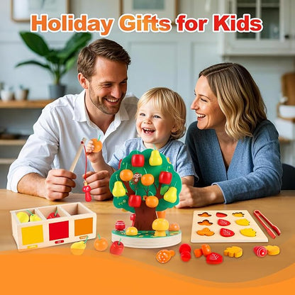 INIFEIDALA Montessori Toys for 3 4 5 6 Year Old - Wooden Sensory Toy for Toddlers - Shape Sorting Puzzle for Fine Motor Skills - Apple Picking Magnetic Tree Toy,Hand-Eye Coordination,Color Recognition