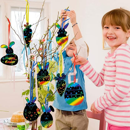 48 Pcs Easter Scratch Crafts for Kids, Rabbit Bunny Carrot Easter Egg Rainbow Scratch Paper Ornaments with Wooden Stick and Ribbon for Easter Party Favors