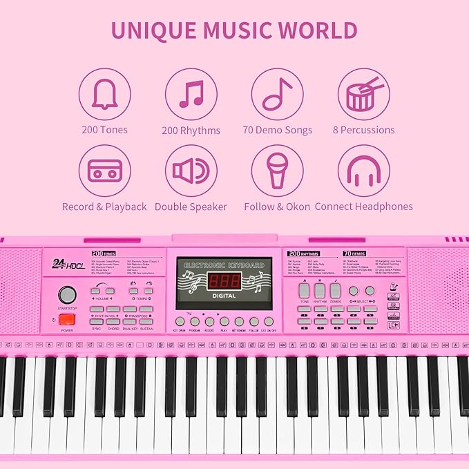 Kids Keyboard 61 Keys, Beginner Electronic Piano with One-Key Teaching 100 Tones & Rhythms, Portable Music Keyboard for Children with Microphone, Music Stand [Pink, Piano with Stand]