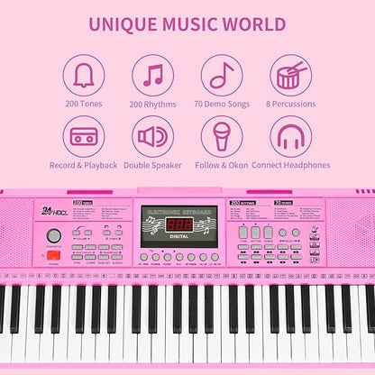 Kids Keyboard 61 Keys, Beginner Electronic Piano with One-Key Teaching 100 Tones & Rhythms, Portable Music Keyboard for Children with Microphone, Music Stand [Pink, Piano with Stand]