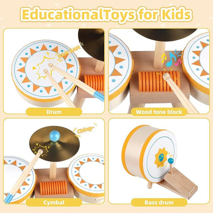 Toddlers Drum Set Toy for 3 Years Old ,Kids Wooden Jazz Drum for Toddlers Montessori Musical Instruments for Boy Girl, Percussion Set Baby Musical Toys, Birthday Gift for 3+ Kids Baby