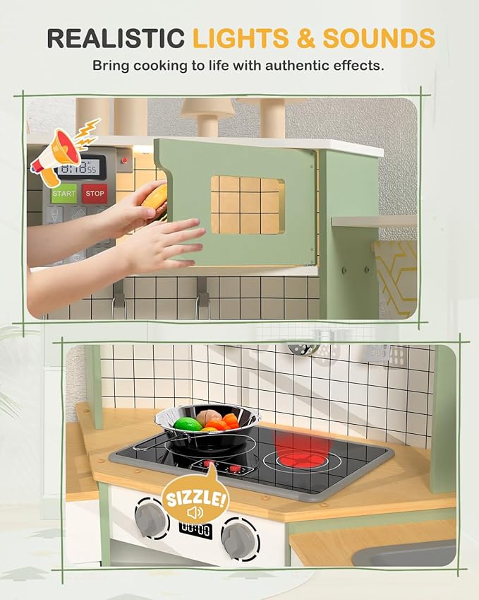 Babytronic Corner Wooden Play Kitchen Set for Kids w/Lights & Sounds, Pretend Play Kitchen Playset with Stove, Microwave, Ice Maker & Accessories, Perfect for Toddlers & Multiple Children (Green)