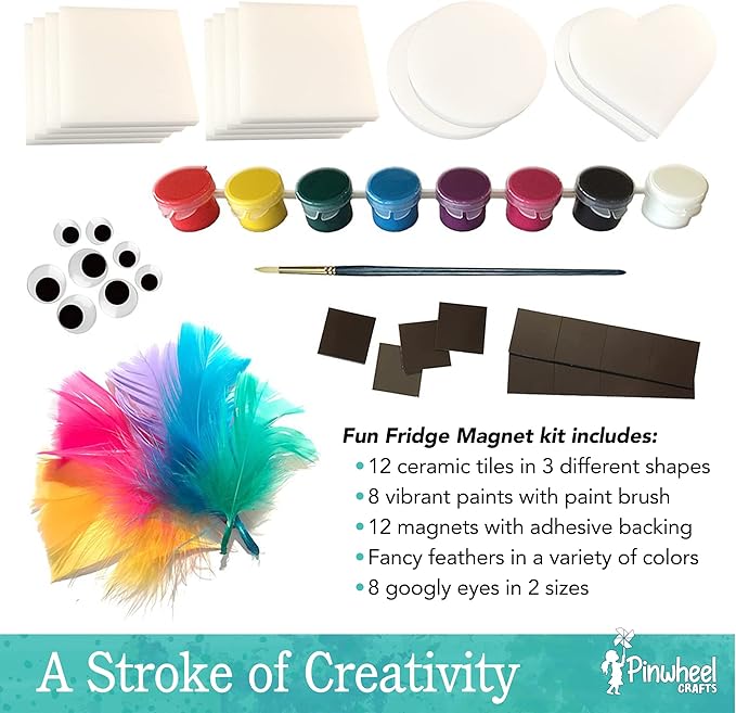 Pinwheel Crafts Magnetic Mini Tile Art Kit - DIY Kids Arts and Crafts Painting Kit - Decorate Cute Refrigerator or School Locker Magnets, Mini Art Items - Paint for Party Favors or Birthday Gifts