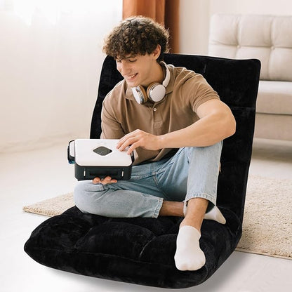 Folding Floor Chair 14-Position Cushioned Adjustable Floor Lazy Sofa Chair w/Breathable Cotton & Skin-Friendly Flannel for Adults & Kids Ideal for Reading Meditating, Black
