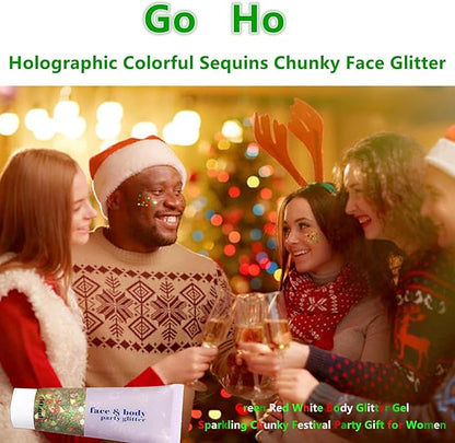 Go Ho Christmas Body Hair Face Glitter Gel,Christmas Glitters Face Paint,Holographic Colorful Sequins Chunky Reflective Face Glitter Makeup,Festival Rave Outfits for Women