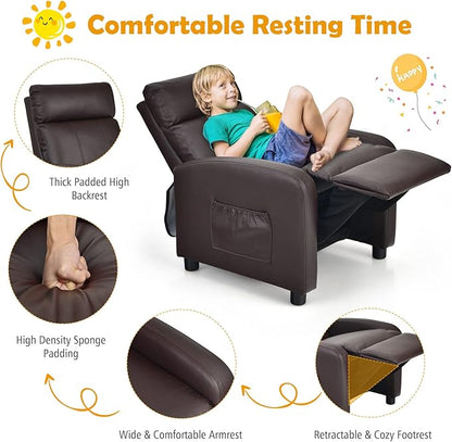 Costzon Kids Recliner, Adjustable PU Leather Lounge Chair w/Side Pockets, Footrest, Headrest for Kids Room & Play Room, Easy to Clean, Padded Recliner Sofa for Children Boys Girls Aged 3-12 (Brown)