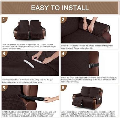 KinCam Waterproof Oversized Loveseat Recliner Cover, Non-Slip Reclining Couch Covers for 2 Seat, Recliner Sofa Cover Furniture Protector with Elastic Straps for Kids, Pets, Chocolate