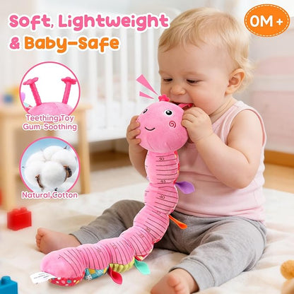 Baby Toys Musical Caterpillar, Infant Stuffed Animal for 0-6 6-12 Months with Crinkle and Rattles, Tummy Time Sensory Toys Newborn Boys Girls Gifts 0 3 6 9 12 Months - Pink