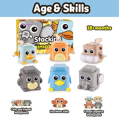 Stacking Toys for Toddlers, 6 Pcs Cause and Effect Toys Animal Push Game, Sensory Montessori Fine Motor Skills Fidget Toys for Ages 2 3 4 5 6 Year Old Boys Girls Kids Birthday Gifts