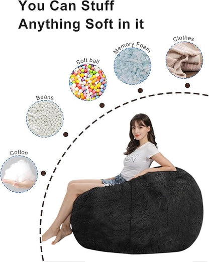 Bean Bag Chair for Kids Adults Without Filler Oversized Round Plush Beanbag Chair Lazy Sofa Cover for Stuffed Animal Storage Floor Chair, 5FT, Light Grey