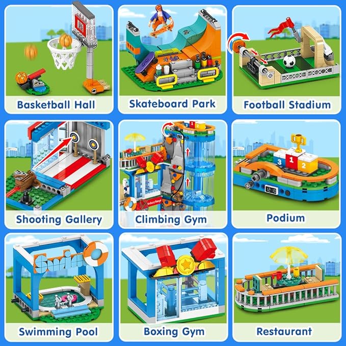HOGOKIDS City Sports Gym Building Set - 8 in 1 Friend Sports Center Football Basketball Climbing Swimming Boxing Shooting Skateboard Building Block Kit Games Toy Birthday Gift for Kids Girls Boys 6+