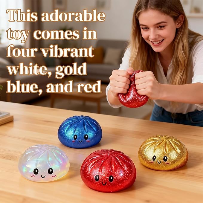 Glitter Dumpling Squishy Box, Dumpling Squishies, Sensory Squeeze Toy for Stress Relief, Soft Decompression Dough for Adults Office and Home Use (Blue Emoji bun)