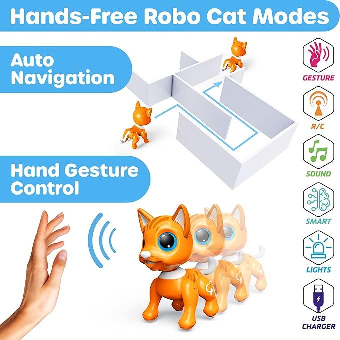 Power Your Fun Robo Pets Cat Toy for Girls and Boys - Remote Control Robot Toy Interactive Hand Motion Gestures, Smart STEM Programmable Treats Toys, Walking, Dancing Robot Pet Cat for Kids