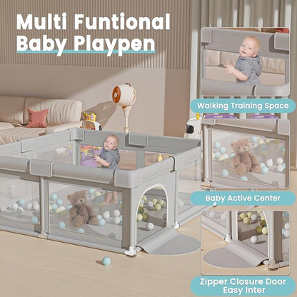 Hiaksedt 50 x 50 inch Baby Playpen with Ocean Balls and Pull Rings, Playpen for Babies and Toddlers, Baby Fence Playards, Safe Structure and Soft, Skin-Friendly Fabric with Zipper Gates.