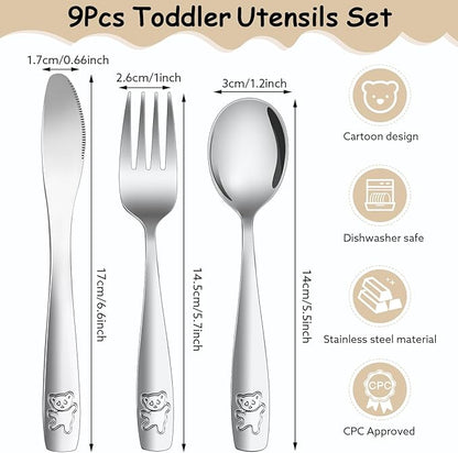 9 Piece Stainless Steel Kids Silverware Set,Toddler Utensils,Child and Toddler Flatware,Kids Utensil Set,Children Safe Forks, Spoons and Knives,Mirror Polished, Dishwasher Safe