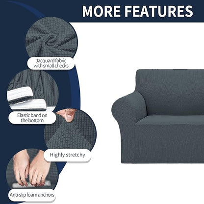 2025 New Stretch Chair Sofa Slipcovers Couch Cover for 1 Seater Furniture Protector Sofa Covers with Elastic Bottom Jacquard Fabric Small Checks for Pets, Kids - Grey