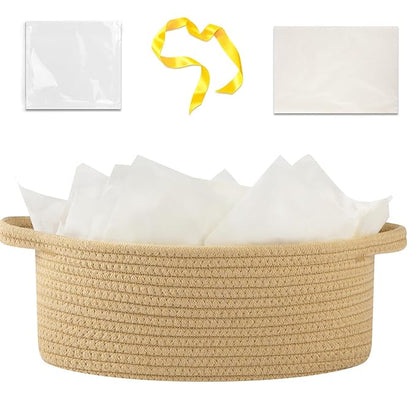 OIAHOMY Gift Basket with Handle, Small Woven Basket with Gift Bag, Ribbon and Wrap Tissue Paper, Nursery Bins Empty to Fill with Small Items, Baby, Pet Toy Organizer - Yellow